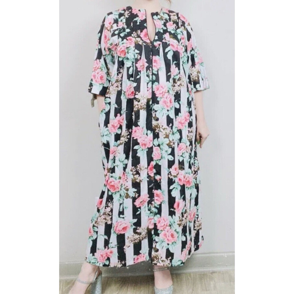 Anthony Richards Womens 2X Floral Striped Lounger Patio Dress Pink Black‎ White